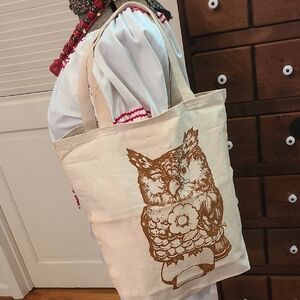 Vintage Owl And Mushroom Print Canvas Tote Bag